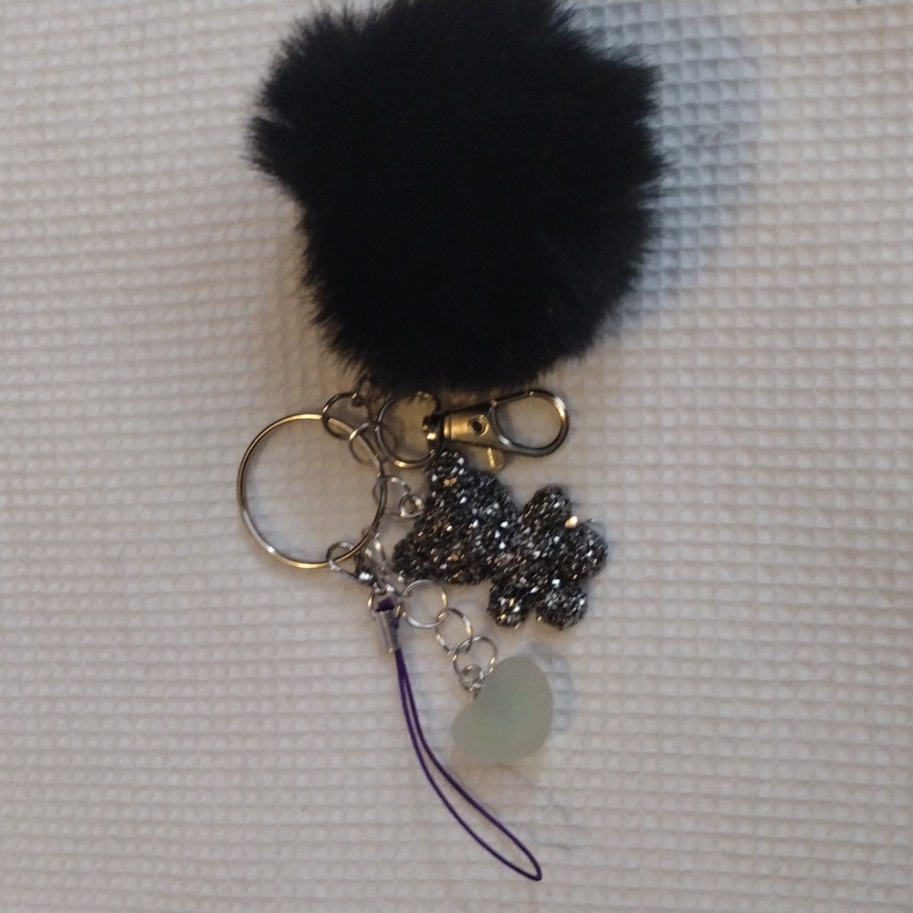 Black Pom Pom Keychain with Glitter Bear Charm